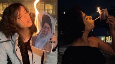 New Face of Iran Protests , as Iconic Images of Women Defiantly Lighting Cigarettes with Burning Photos of Khamenei Go Viral